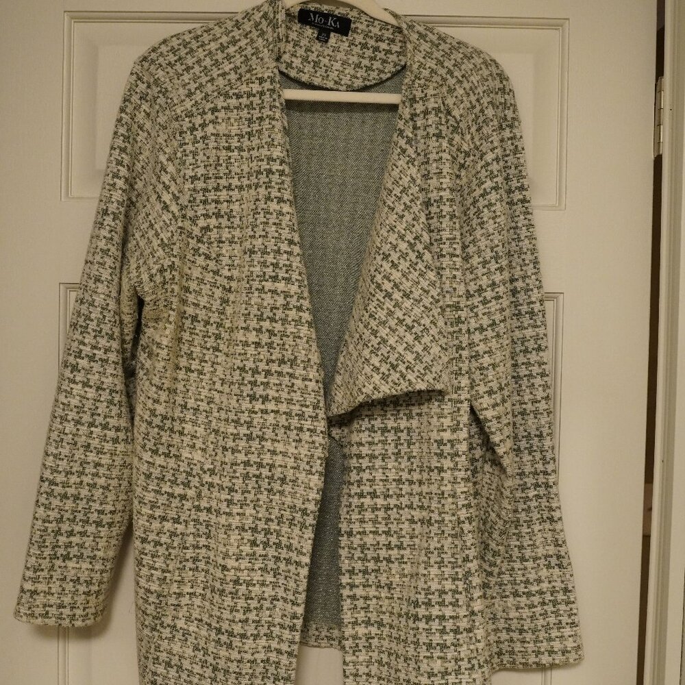 Mo-Ka 2X Open Front Draped Cardigan Olive Cream Textured Jacket